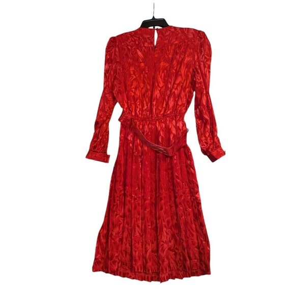 VTG 80s Retro Pleated Lace Embroider Belted Red Long Sleeve Dress 12 - Picture 2 of 7